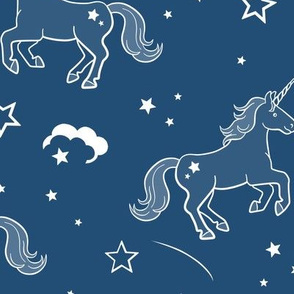 Unicorns with stars and clouds in navy - large scale