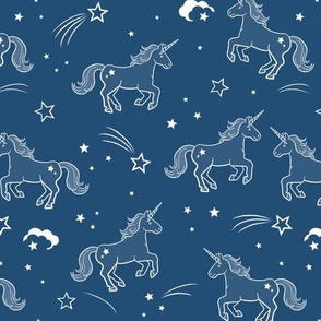 Unicorns with stars and clouds in navy - medium scale