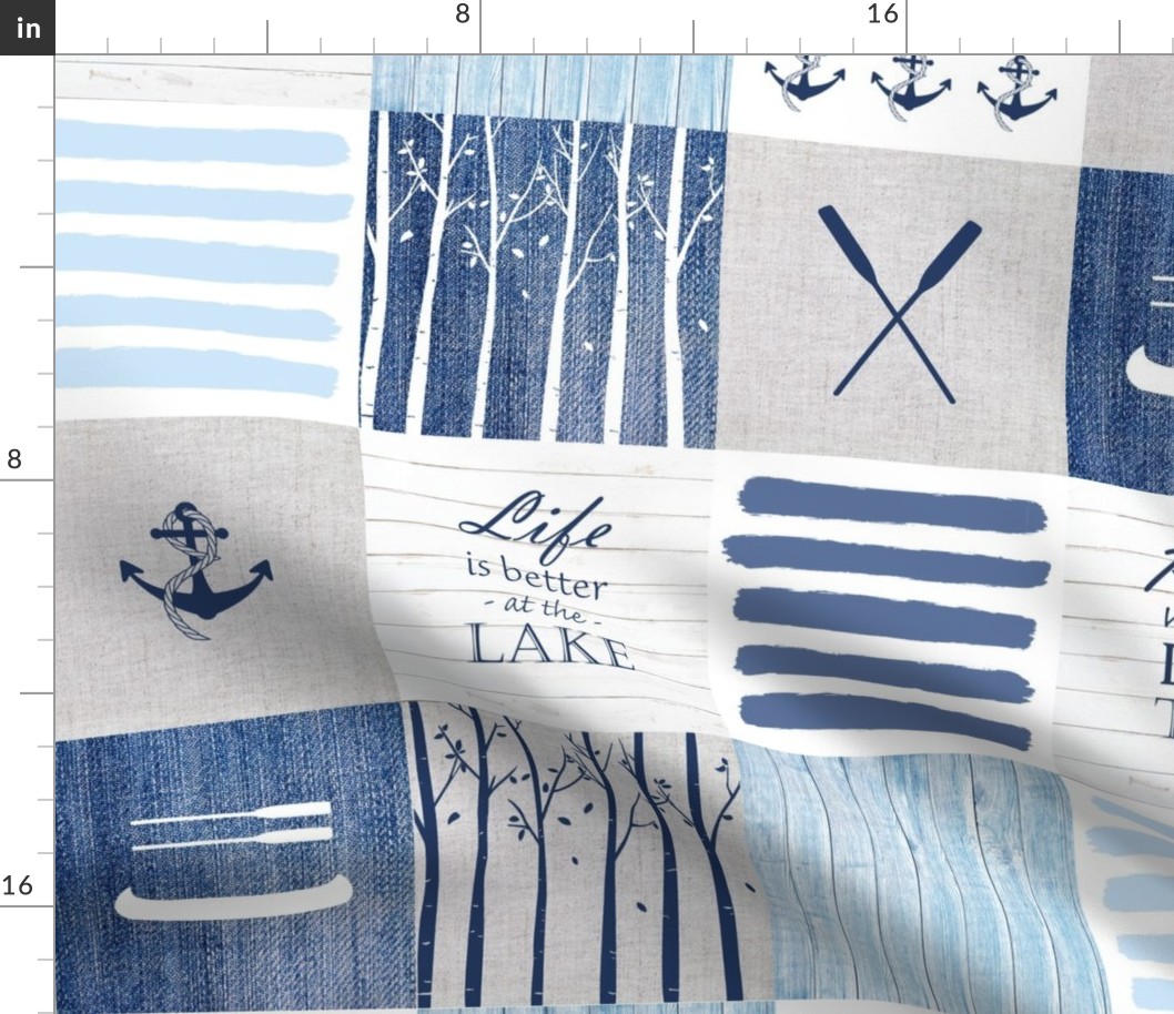 Day at the lake wholecloth patchwork blanket in blue gray