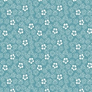 Hand drawn little flowers in millefleur style in turquoise and white