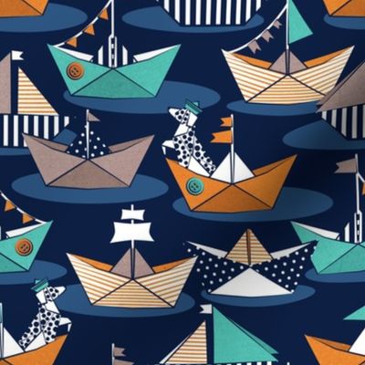 Small scale // Origami dog day at the lake // oxford navy blue background orange aqua and brown taupe origami sail boats with cute Dalmatian