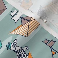 Small scale // Origami dog day at the lake // duck egg background orange aqua and brown taupe origami sail boats with cute Dalmatian