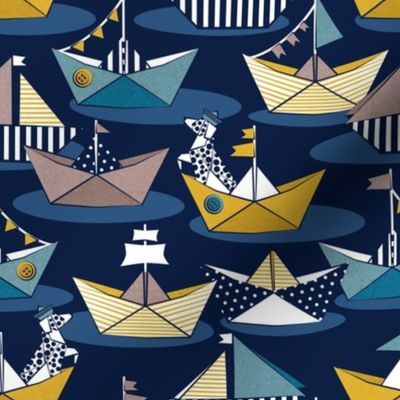 Small scale // Origami dog day at the lake // oxford navy blue background yellow teal and brown taupe origami sail boats with cute Dalmatian