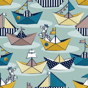 Small scale // Origami dog day at the lake // duck egg background yellow teal and brown taupe origami sail boats with cute Dalmatian
