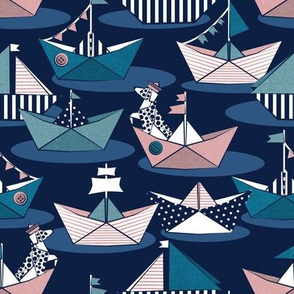 Small scale // Origami dog day at the lake // oxford navy blue background blush pink teal and blue origami sail boats with cute Dalmatian