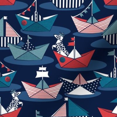 Small scale // Origami dog day at the lake // oxford navy blue background red teal and blue origami sail boats with cute Dalmatian