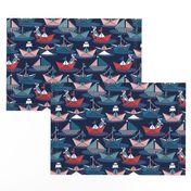 Small scale // Origami dog day at the lake // oxford navy blue background red teal and blue origami sail boats with cute Dalmatian