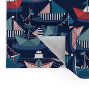 Small scale // Origami dog day at the lake // oxford navy blue background red teal and blue origami sail boats with cute Dalmatian