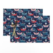 Small scale // Origami dog day at the lake // oxford navy blue background red teal and blue origami sail boats with cute Dalmatian