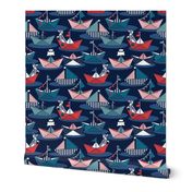 Small scale // Origami dog day at the lake // oxford navy blue background red teal and blue origami sail boats with cute Dalmatian