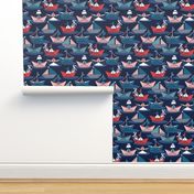 Small scale // Origami dog day at the lake // oxford navy blue background red teal and blue origami sail boats with cute Dalmatian