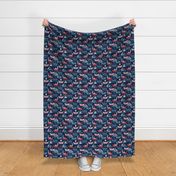 Small scale // Origami dog day at the lake // oxford navy blue background red teal and blue origami sail boats with cute Dalmatian