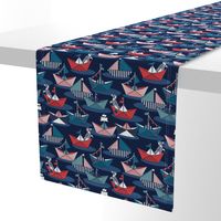 Small scale // Origami dog day at the lake // oxford navy blue background red teal and blue origami sail boats with cute Dalmatian