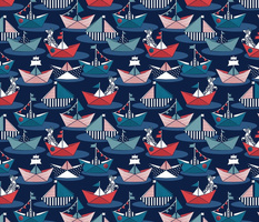 Small scale // Origami dog day at the lake // oxford navy blue background red teal and blue origami sail boats with cute Dalmatian
