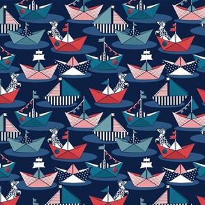 Tiny scale // Origami dog day at the lake // oxford navy blue background red teal and blue origami sail boats with cute Dalmatian