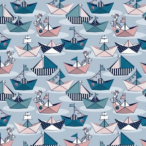 Tiny scale // Origami dog day at the lake // pastel blue background blush pink teal and blue origami sail boats with cute Dalmatian