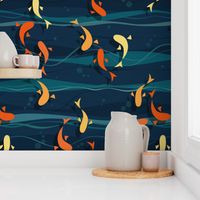 koi fish - deep green lake - beautiful stylized koi fish - fish wallpaper