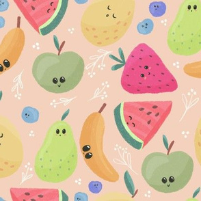 SPFmutlu meyvelerHappy Colorful Spring Summer Cute Fruits, Smiling Pastel Watermelon Banana on baby pink
