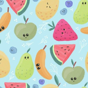 Happy Colorful Spring Summer Cute Fruits, Smiling Pastel Watermelon Banana on baby blue