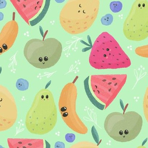 Happy Colorful Spring Summer Cute Fruits, Smiling Pastel Watermelon Banana on bright green
