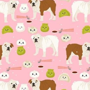 english bulldog dim sum fabric - dumplings fabric - pink
