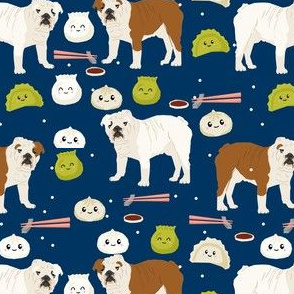 english bulldog dim sum fabric - dumplings fabric - navy
