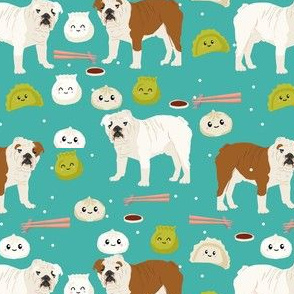 english bulldog dim sum fabric - dumplings fabric - teal