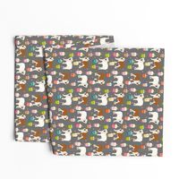 english bulldog boba fabric - bubble tea fabric -grey