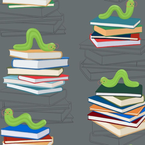 Bookworms on bookstacks with a  grey background-half