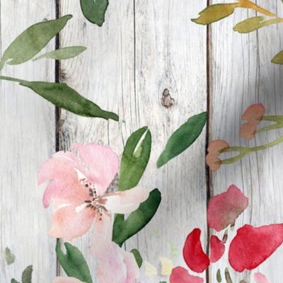 Blush Watercolor Floral on a White Wood Background - rotated large scale