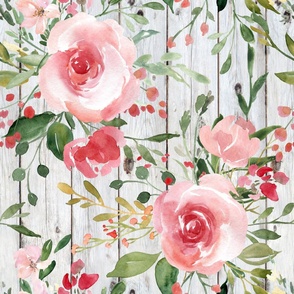 Blush Watercolor Floral on a White Wood Background - rotated large scale