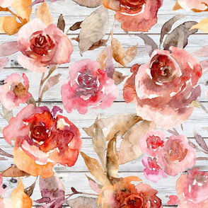 Autumn Watercolor Floral on a Wood Background - large scale