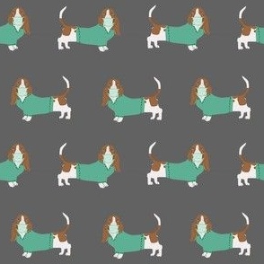 basset hound in scrubs fabric - dog fabric, nurse - charcoal