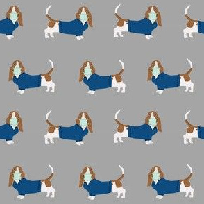 basset hound in scrubs fabric - dog fabric, nurse - grey