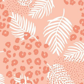 Palm leaves and animal panther spots leopard summer boho summer coral orange pink