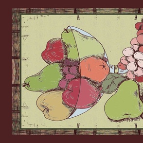 Fruit Bowl Sketch Grapes Apples Pears  Plaid Brown Border