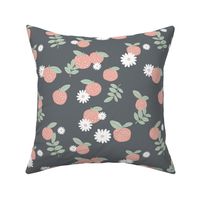 Fall citrus orange garden daisies blossom and leaves autumn fruit gray coral green