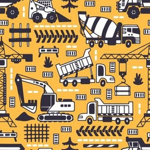 Construction vehicles. Yellow background