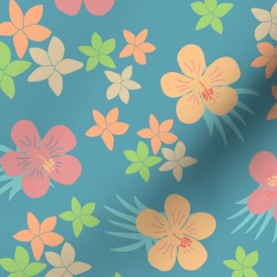 hibiscus, flower, floral, botanical, summer, meadow, blue background (medium)