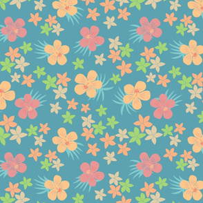 hibiscus, flower, floral, botanical, summer, meadow, blue background (medium)