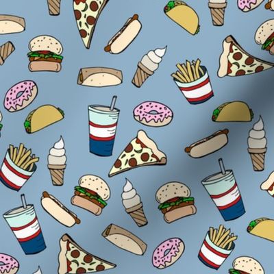 Fast food Cheat Day,  Craving Junk Food, Blue Novelty Fabric - Colorful Illustrated Design