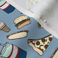 Fast food Cheat Day,  Craving Junk Food, Blue Novelty Fabric - Colorful Illustrated Design