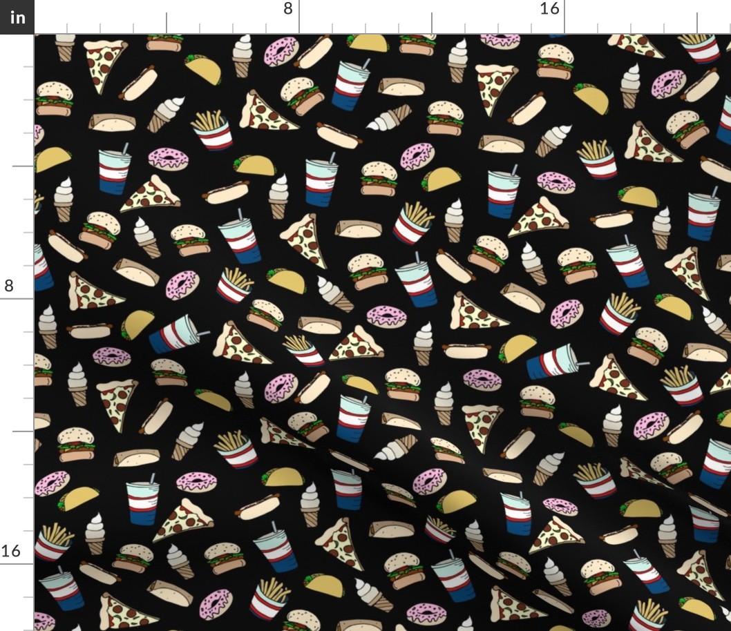 Fast food Cheat Day,  Craving Junk Food, Black Novelty Fabric - Colorful Illustrated Design
