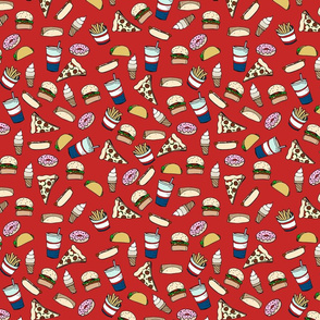 Fast food Cheat Day,  Craving Junk Food, Red Novelty Fabric - Colorful Illustrated Design
