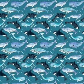 Whales, Orcas & Narwhals on Deep Teal - Tiny