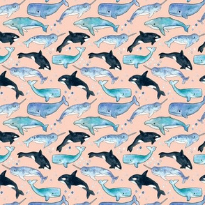 Whales, Orcas & Narwhals on Blush Pink - Tiny