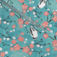 Japanese cherry blossom birds turquoise