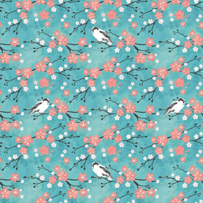 Japanese cherry blossom birds turquoise