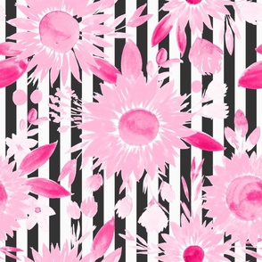 hot pink sunflowers on thick vertical black and white stripes 