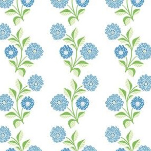 Blue delicate flowers and green leaves on white background, ivy like geometrical